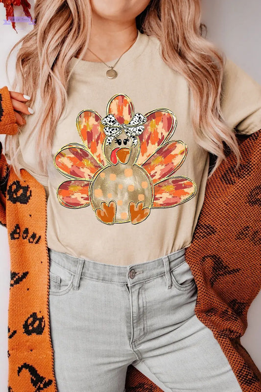 Khaki Thanksgiving Bowknot Turkey Graphic Crewneck Tee - Aaria Tees