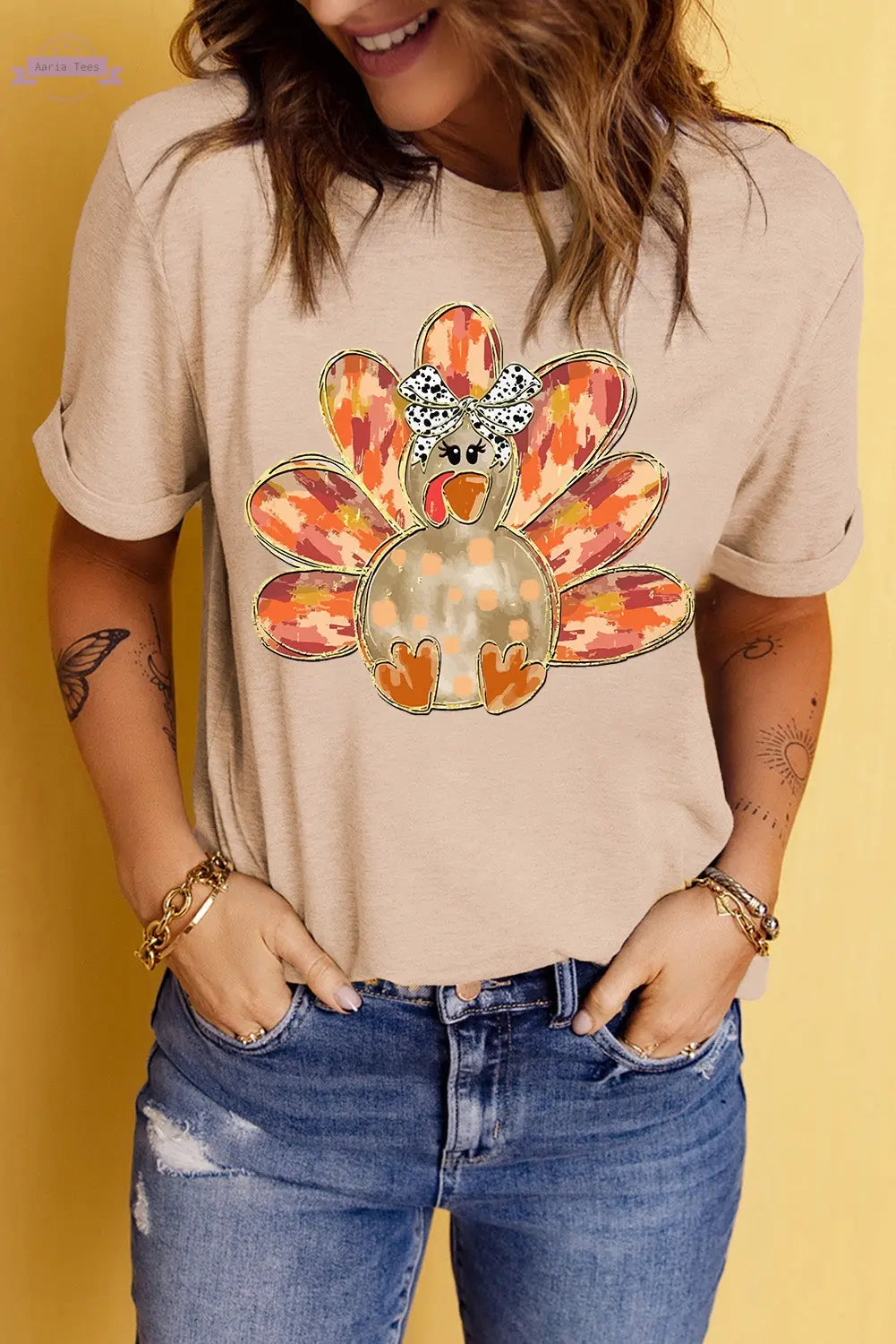 Khaki Thanksgiving Bowknot Turkey Graphic Crewneck Tee - Aaria Tees