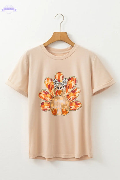 Khaki Thanksgiving Bowknot Turkey Graphic Crewneck Tee - Aaria Tees