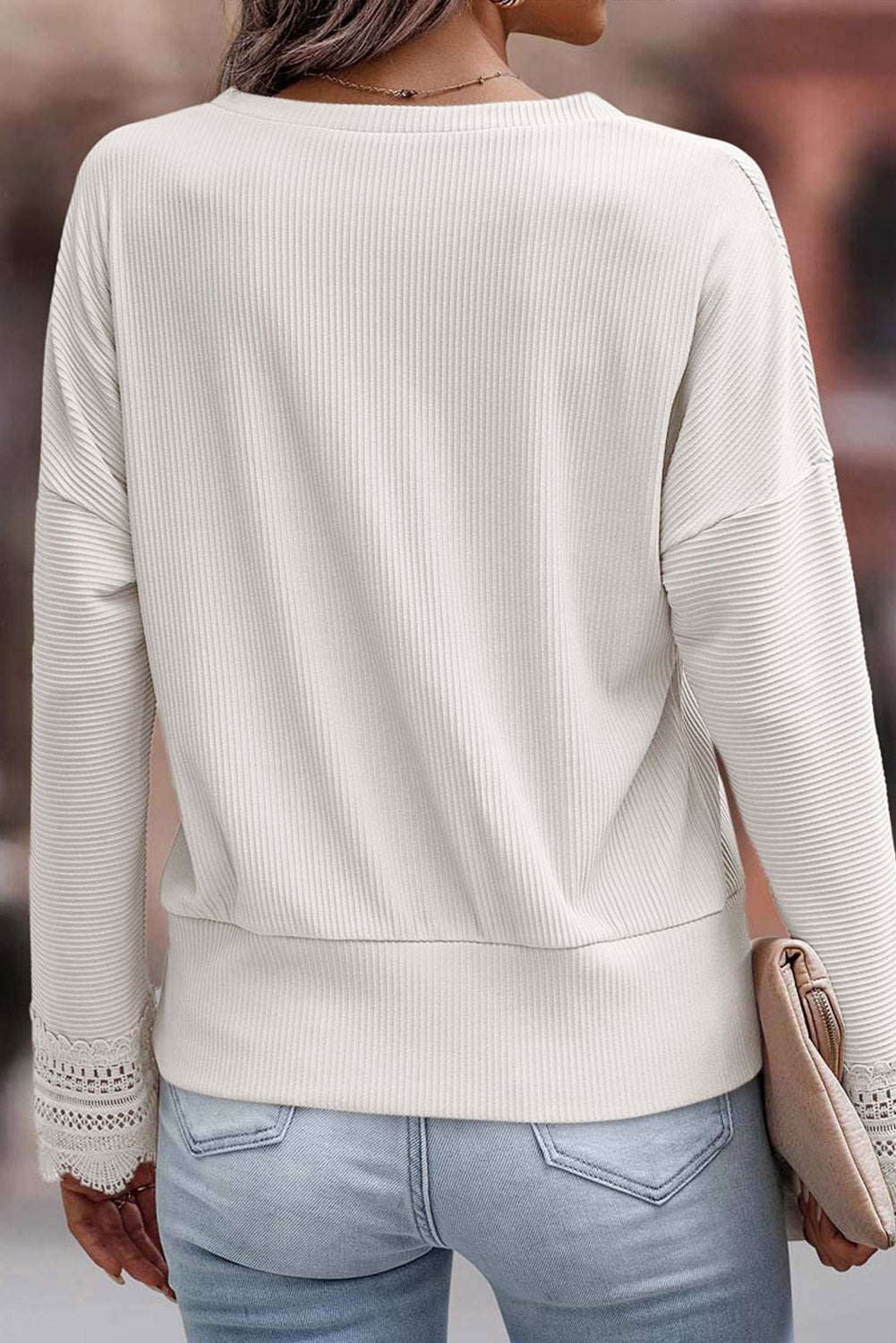 Lola Ribbed Texture Lace Trim V Neck Long Sleeve Top - Aaria Tees