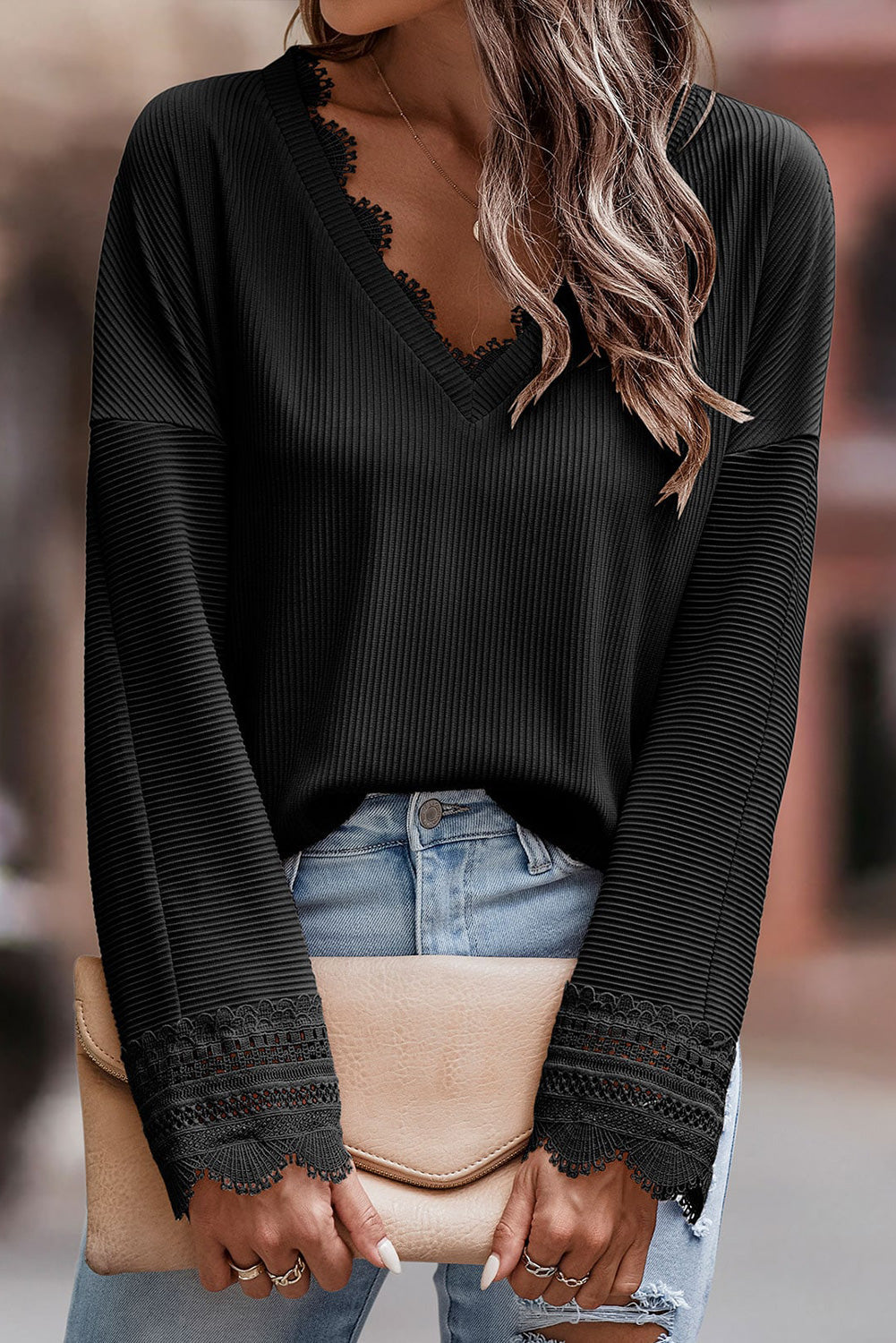 Lola Ribbed Texture Lace Trim V Neck Long Sleeve Top - Aaria Tees