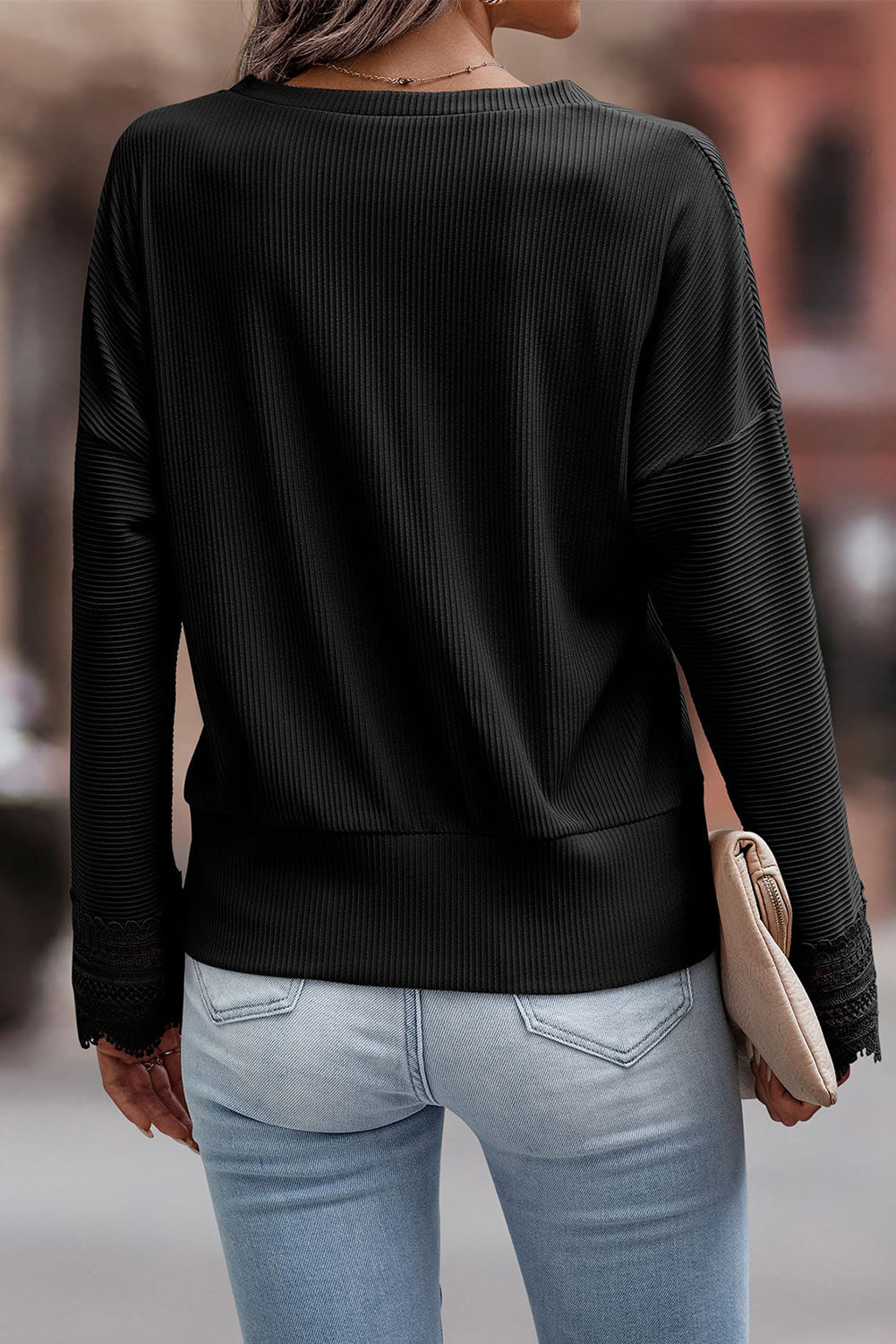 Lola Ribbed Texture Lace Trim V Neck Long Sleeve Top - Aaria Tees