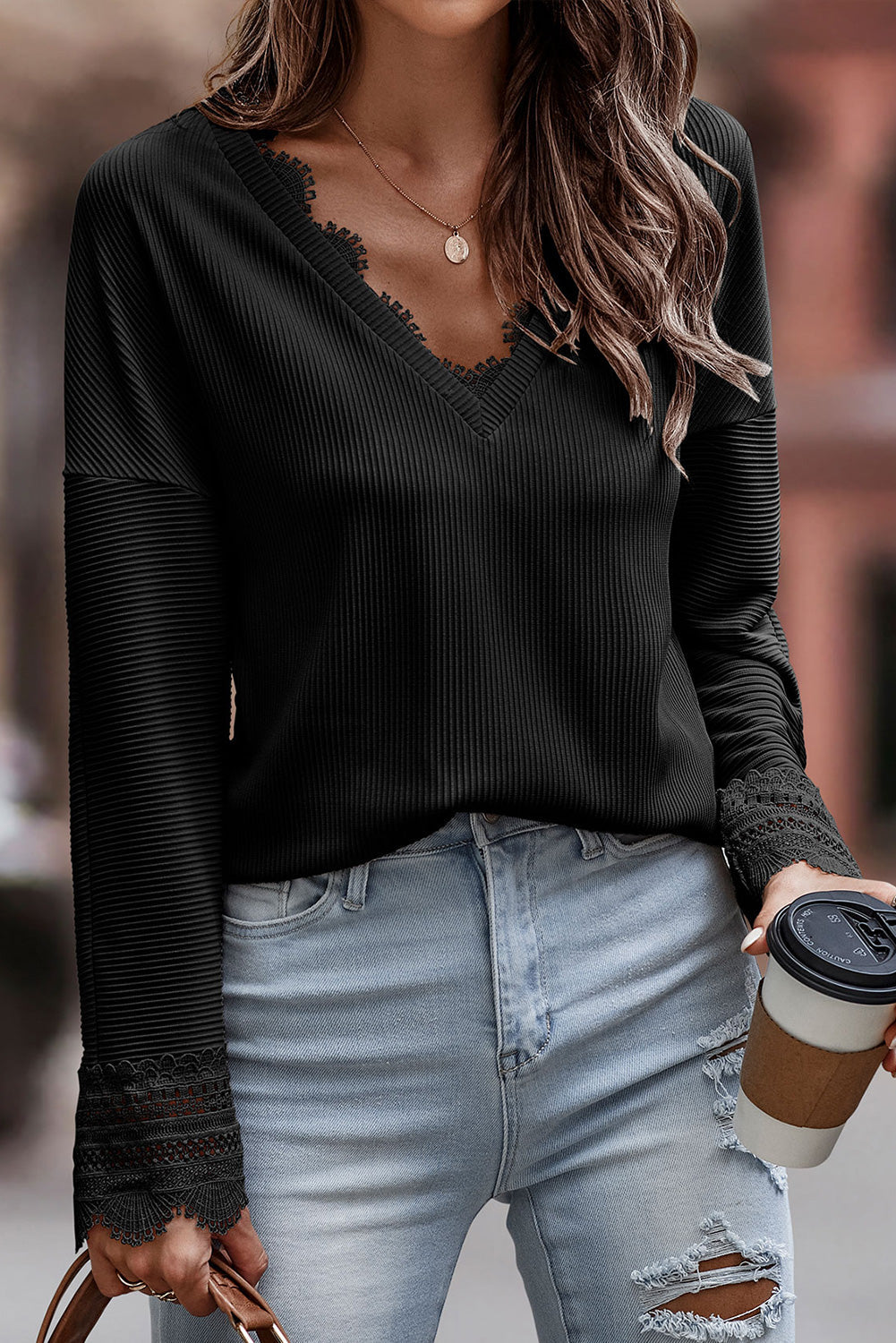 Lola Ribbed Texture Lace Trim V Neck Long Sleeve Top - Aaria Tees