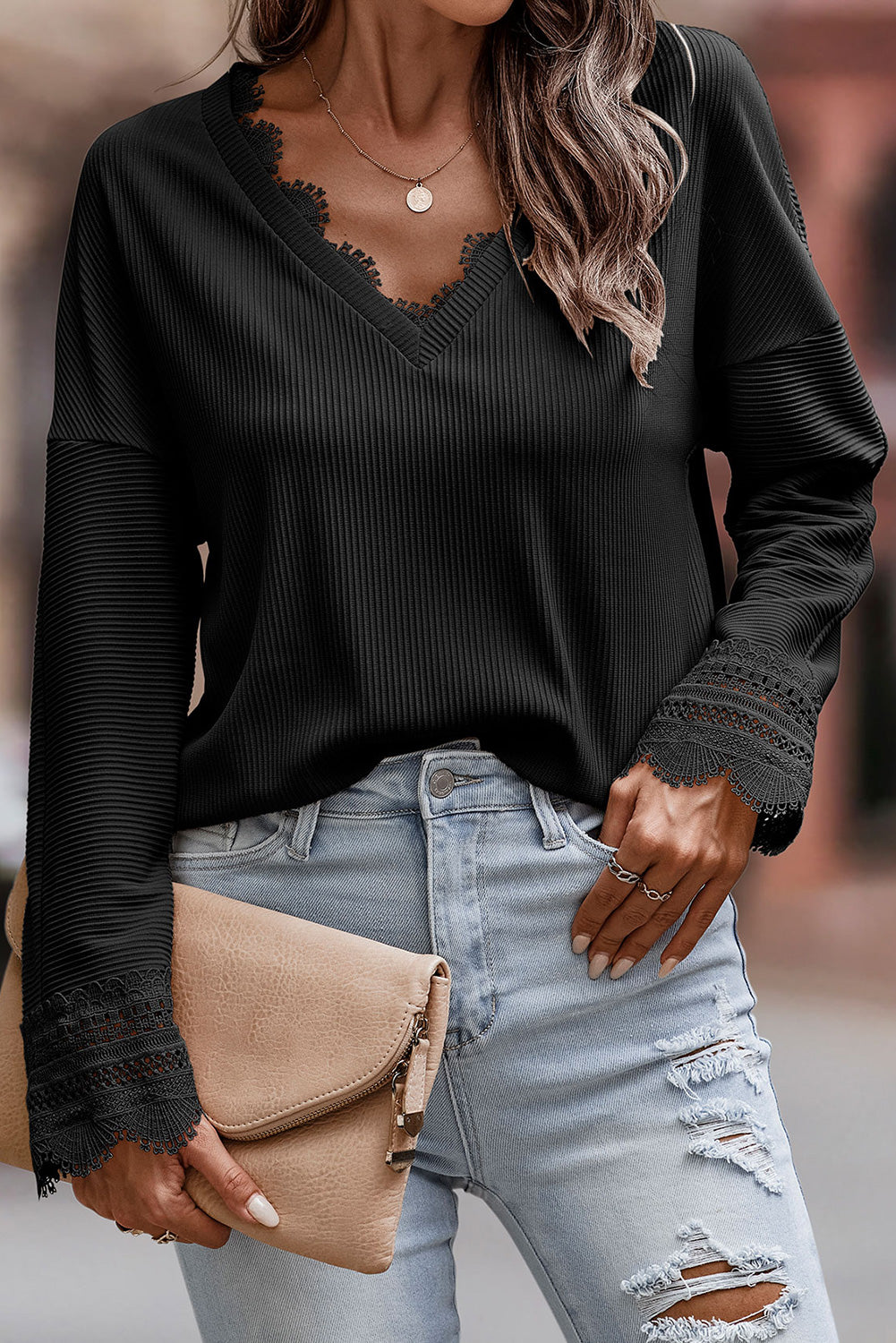Lola Ribbed Texture Lace Trim V Neck Long Sleeve Top - Aaria Tees Aaria Tees