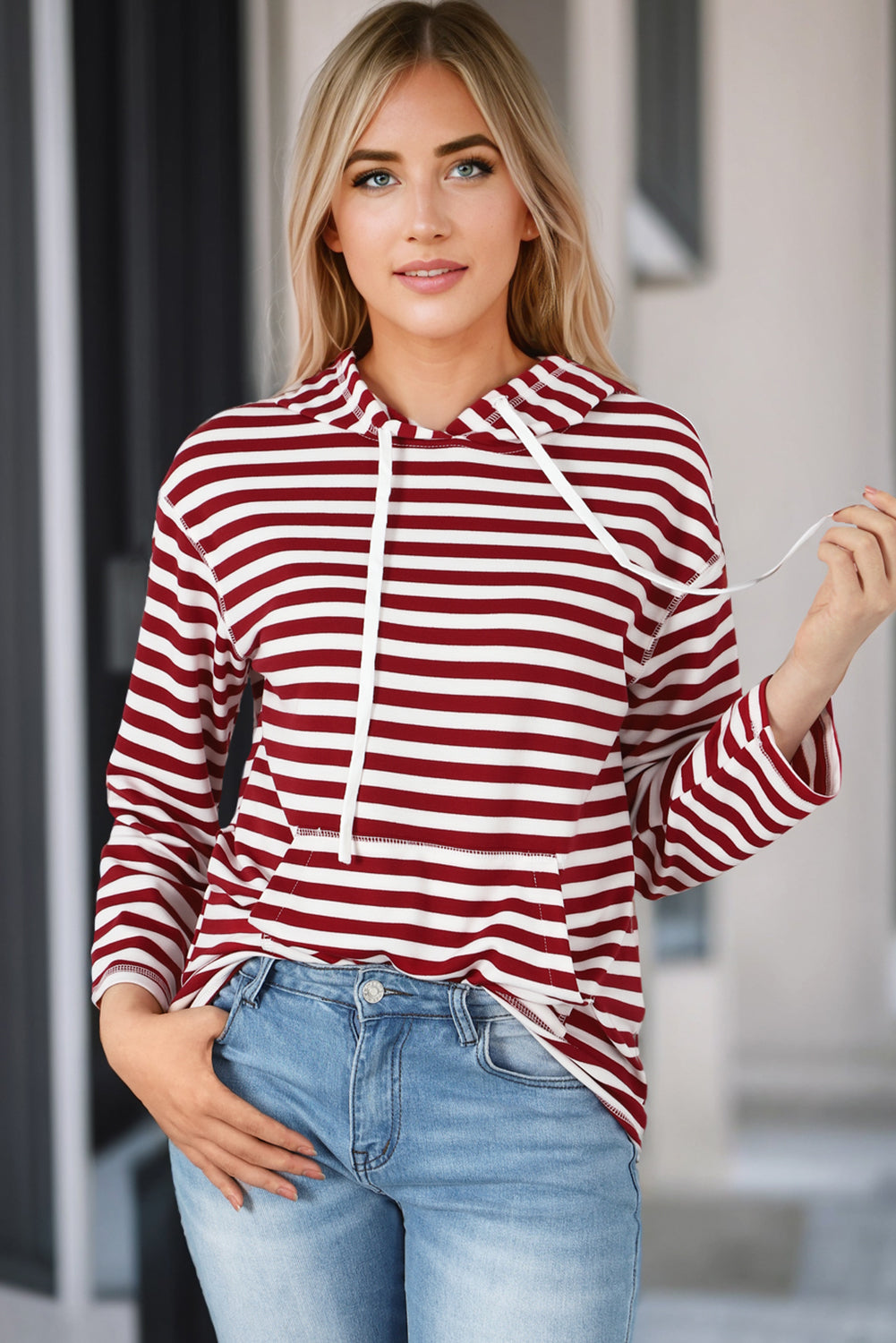 Julia Stripe Kangaroo Pocket Drawstring Hoodie - Aaria Tees