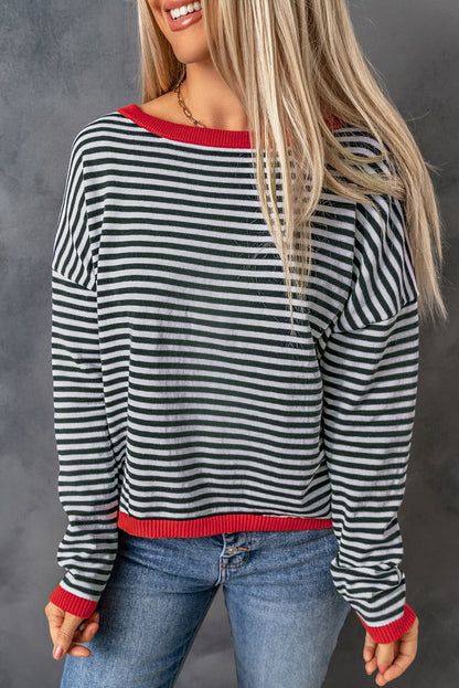 Madelynn Striped Drop Shoulder Sweater - Aaria Tees