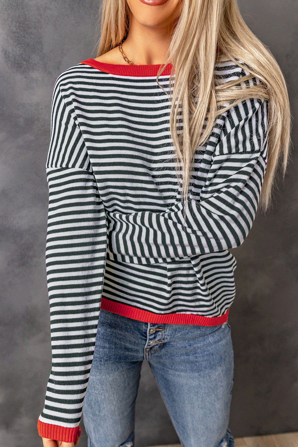 Madelynn Striped Drop Shoulder Sweater - Aaria Tees