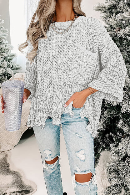 Alina Ripped Raw Hem Chunky Pullover Sweater - Aaria Tees