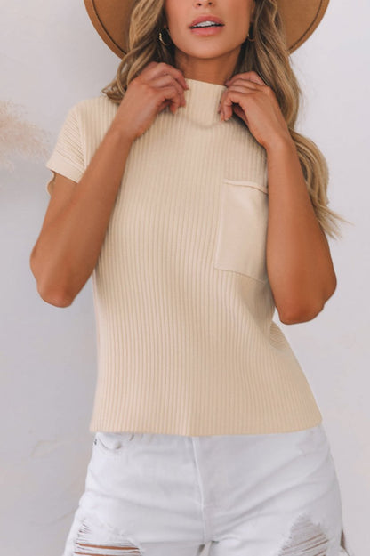 Lindsey Patch Pocket Ribbed Knit Short Sleeve Sweater Threaded Pear