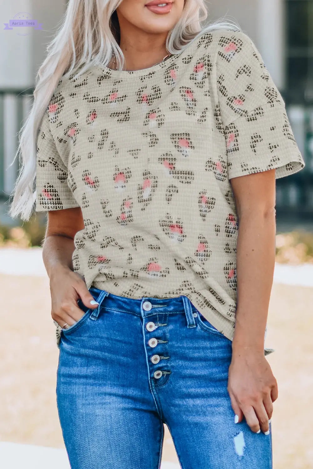 Leopard Waffle Knit Short Sleeve Top Aaria Tees Aaria Tees