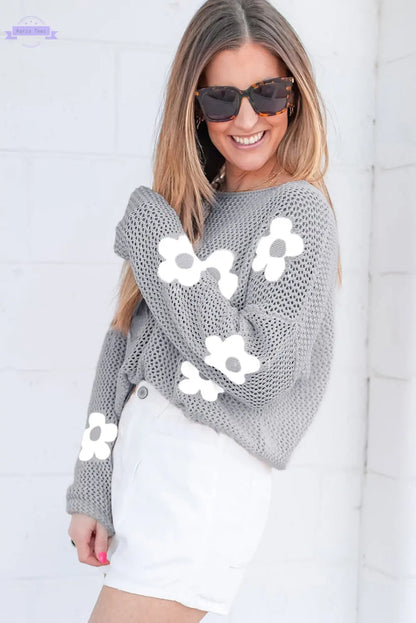 Light Grey Big Flower Hollowed Knit Drop Shoulder Sweater - Aaria Tees