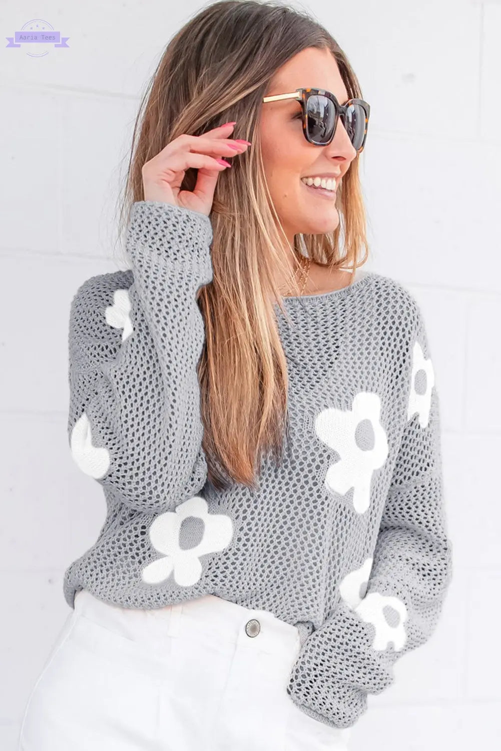 Light Grey Big Flower Hollowed Knit Drop Shoulder Sweater - Aaria Tees