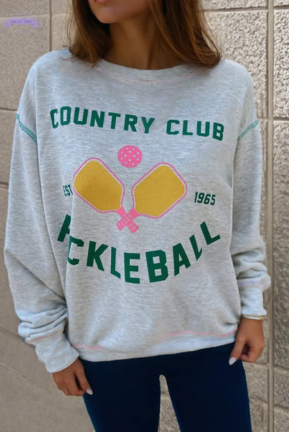 Light Grey COUNTRY CLUB PICKLEBALL Graphic Exposed Stitching Casual Sweatshirt Aaria Tees