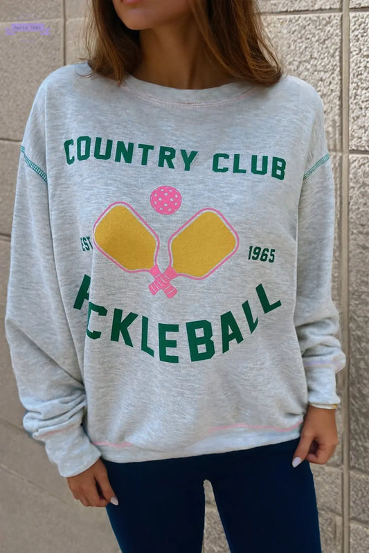 Light Grey COUNTRY CLUB PICKLEBALL Graphic Exposed Stitching Casual Sweatshirt Aaria Tees