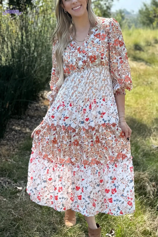 Lily Floral Ruffled Tiered Midi Dress Threaded Pear Aaria Tees