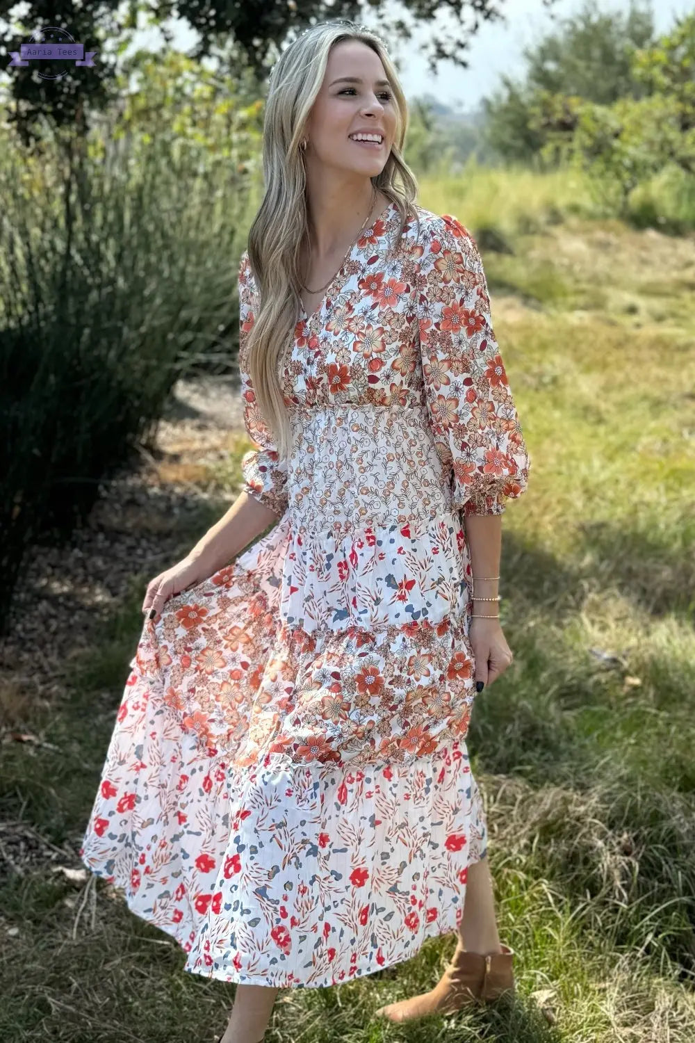 Lily Floral Ruffled Tiered Midi Dress Threaded Pear