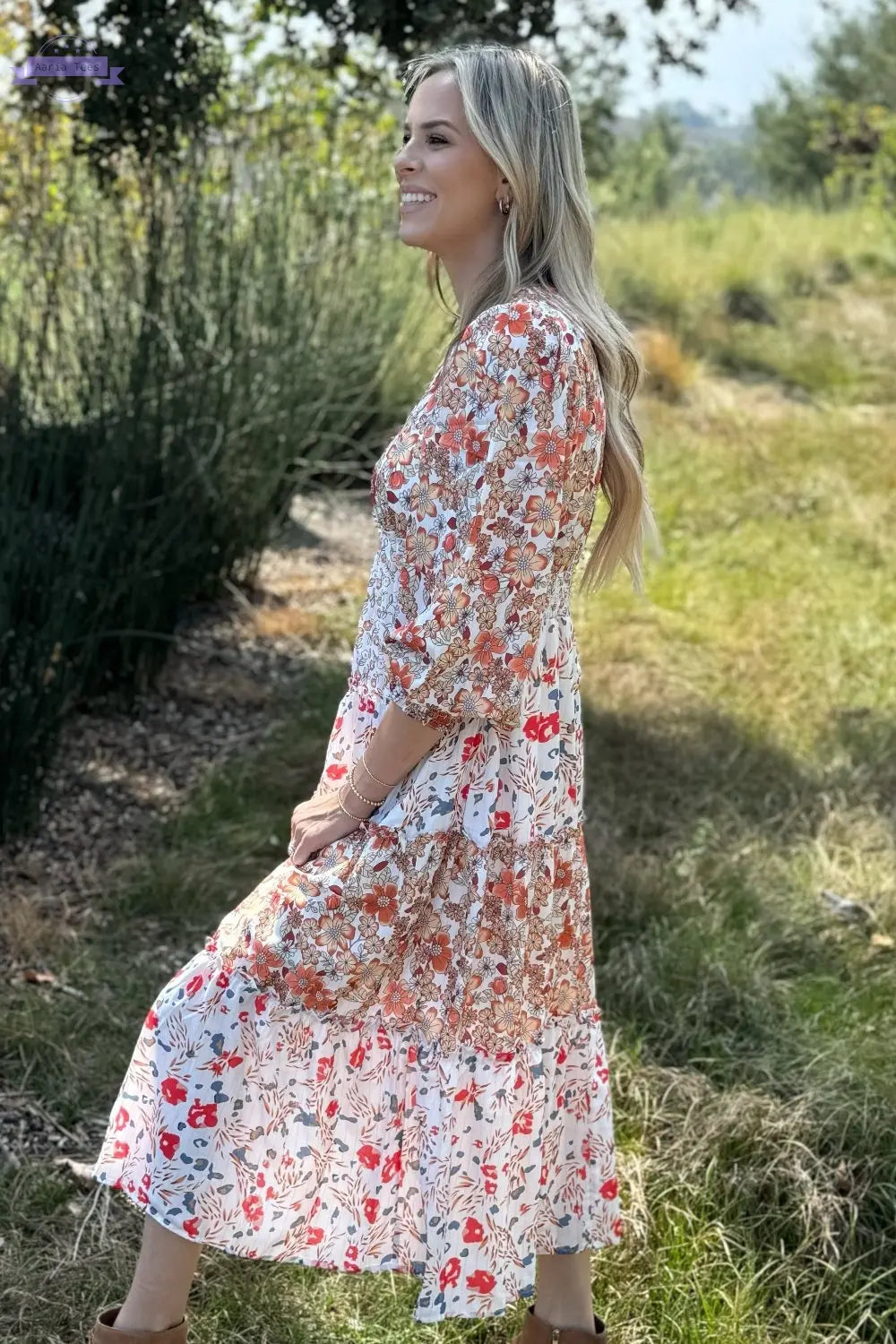 Lily Floral Ruffled Tiered Midi Dress Threaded Pear