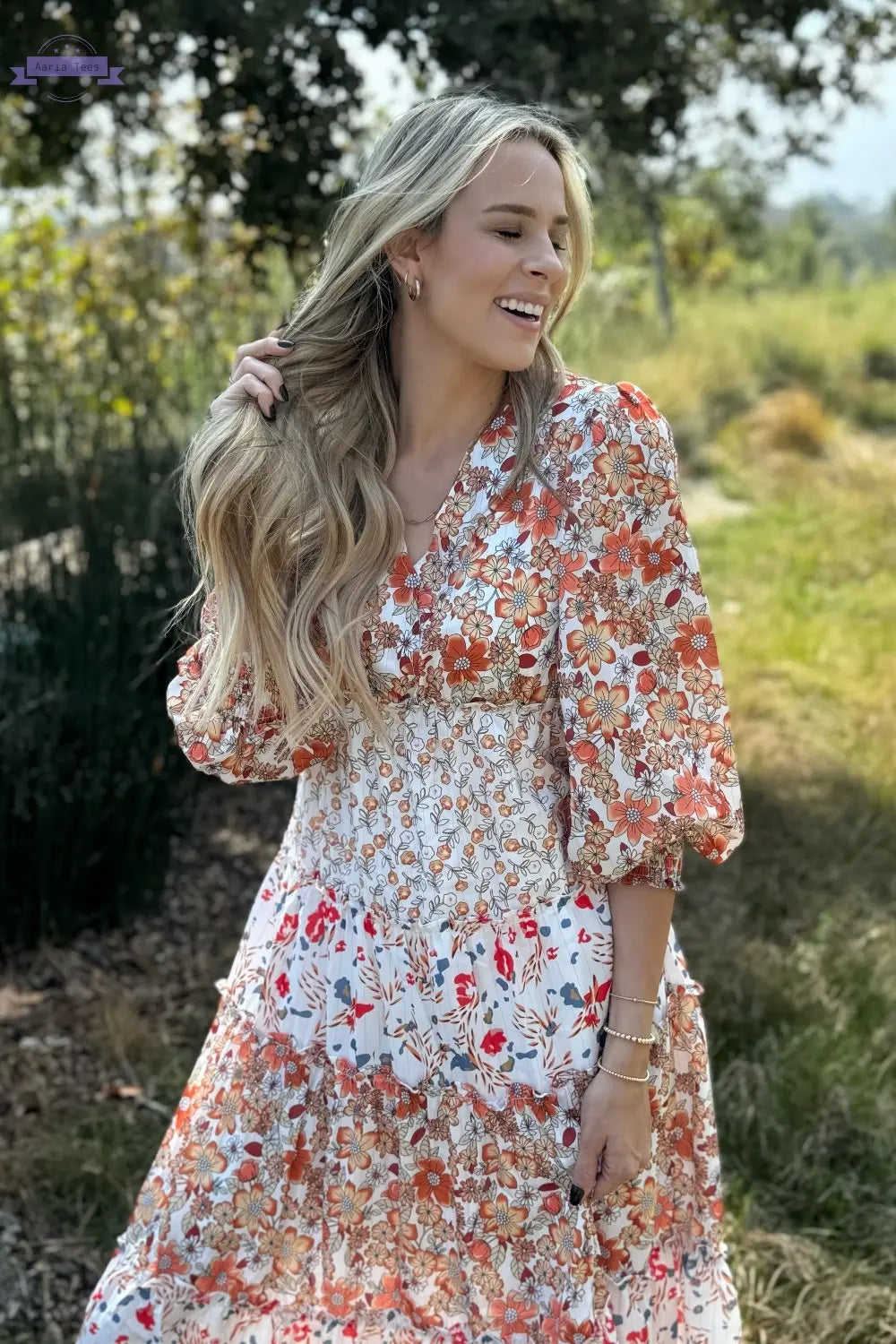 Lily Floral Ruffled Tiered Midi Dress Threaded Pear