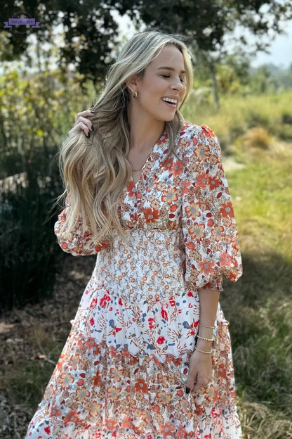 Lily Floral Ruffled Tiered Midi Dress Threaded Pear