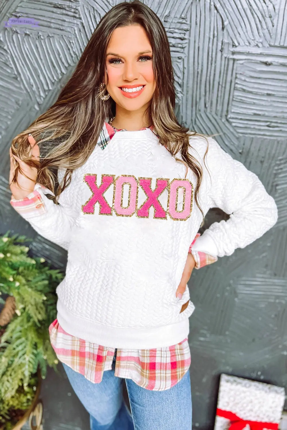 Logan XOXO Glitter Chenille Cable Knit Pullover Sweatshirt Threaded Pear