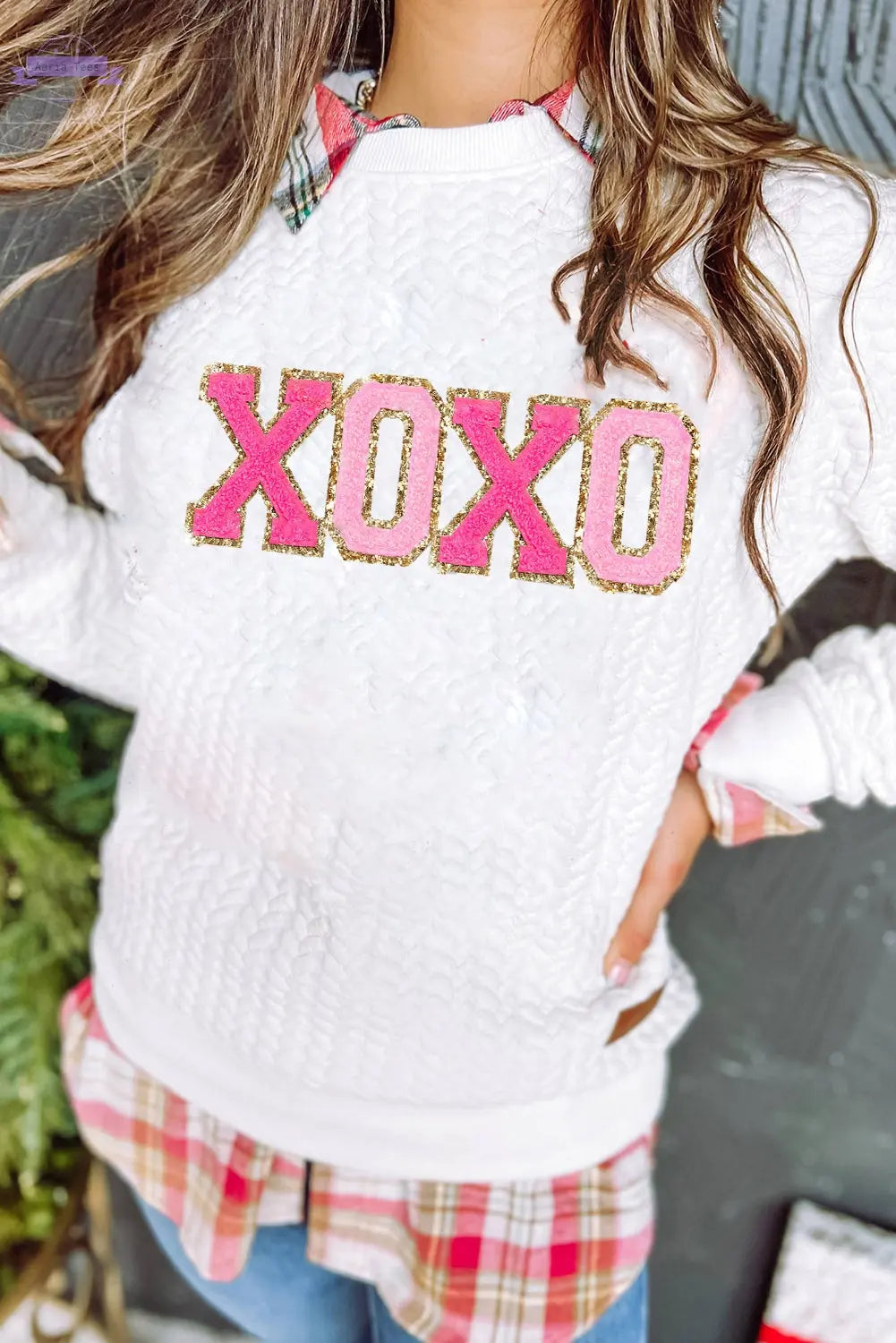 Logan XOXO Glitter Chenille Cable Knit Pullover Sweatshirt Threaded Pear