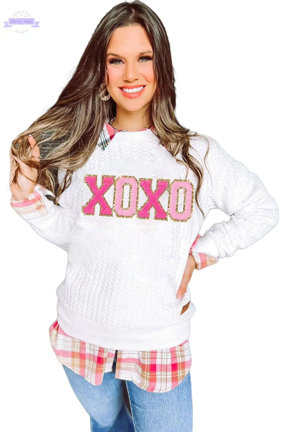 Logan XOXO Glitter Chenille Cable Knit Pullover Sweatshirt Threaded Pear