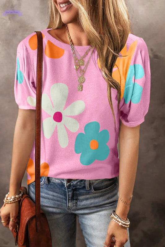 Macy Flower Print Bubble Sleeve Tee Threaded Pear