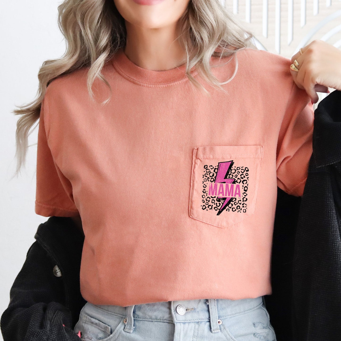 Mama, Lightening Bolt, Leopard Print, Pink, Pocket Tee Comfort Colors T-Shirt