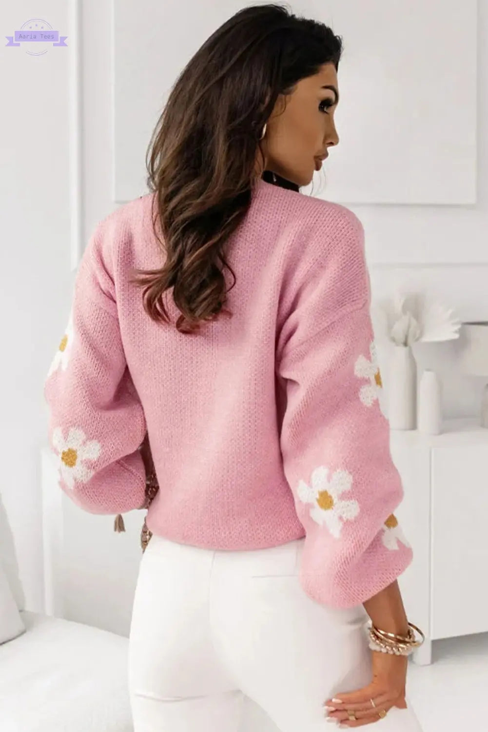 Mariah Floral Pattern Drop Shoulder Sweater Threaded Pear