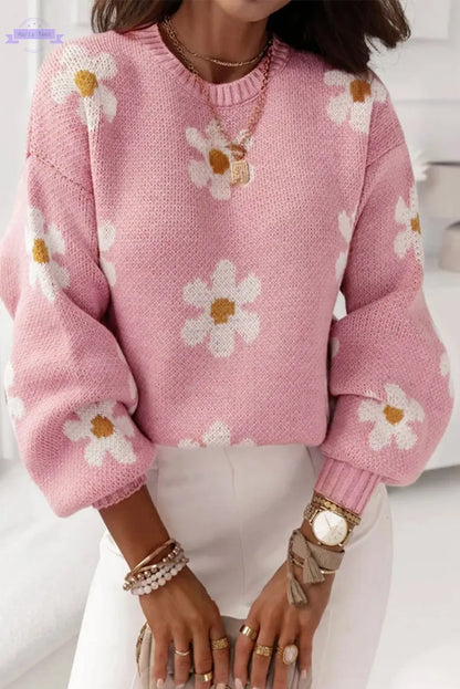 Mariah Floral Pattern Drop Shoulder Sweater Threaded Pear