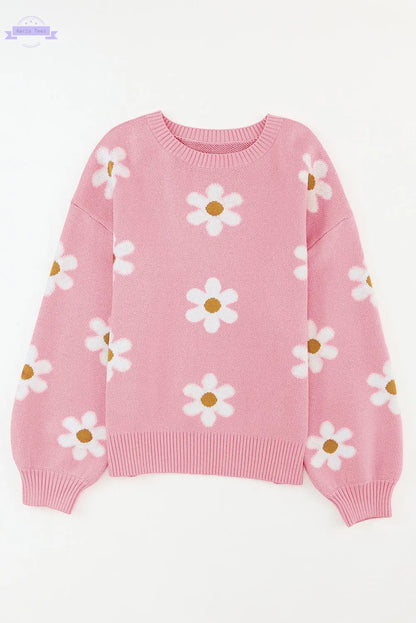 Mariah Floral Pattern Drop Shoulder Sweater Threaded Pear