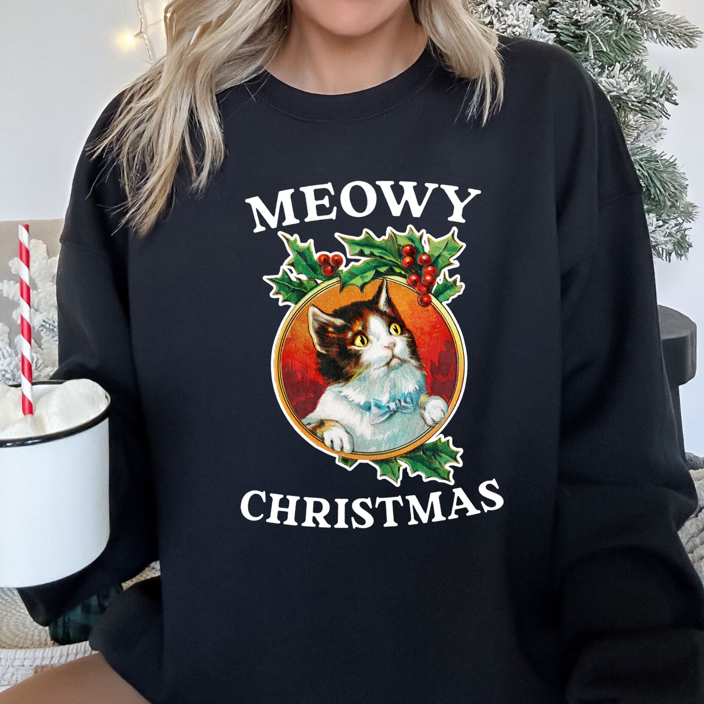 Meowy Christmas, Funny, Retro Cat Sweatshirt