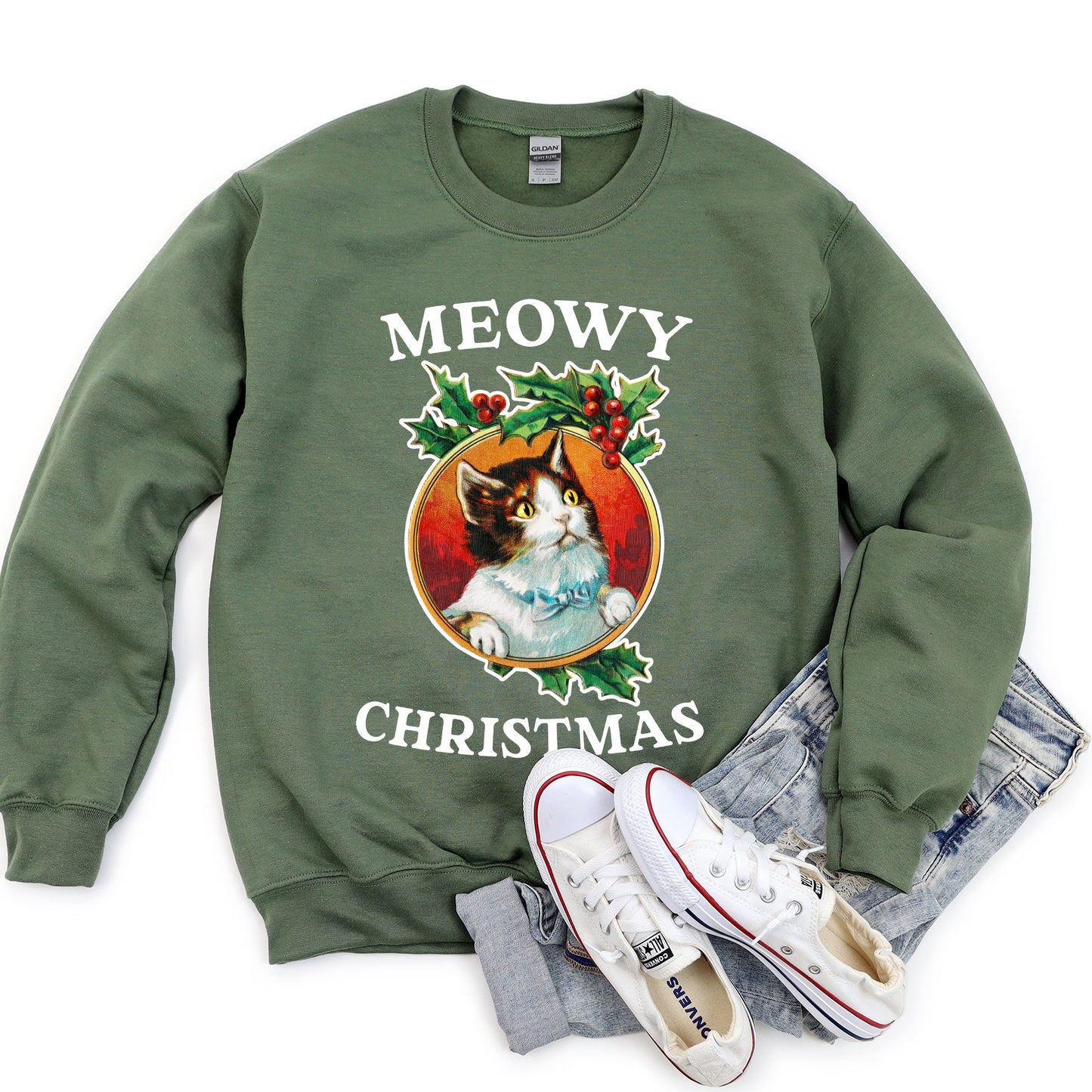 Meowy Christmas, Funny, Retro Cat Sweatshirt