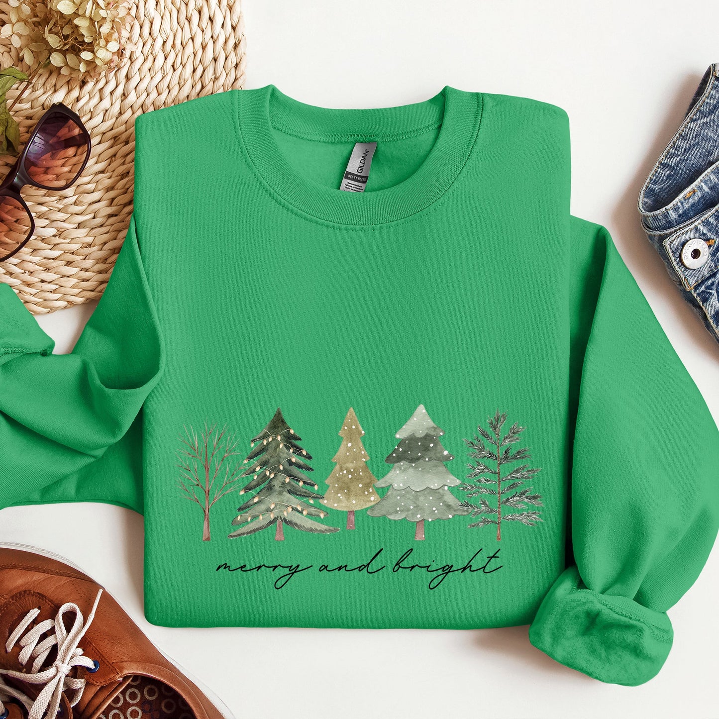Merry And Bright, Watercolor Trees, Christmas Sweatshirt