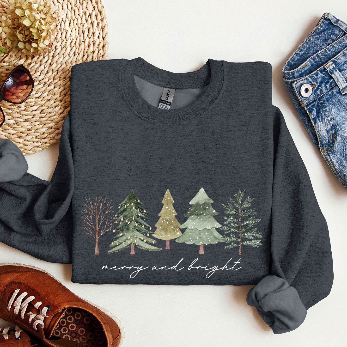 Merry And Bright, Watercolor Trees, Christmas Sweatshirt