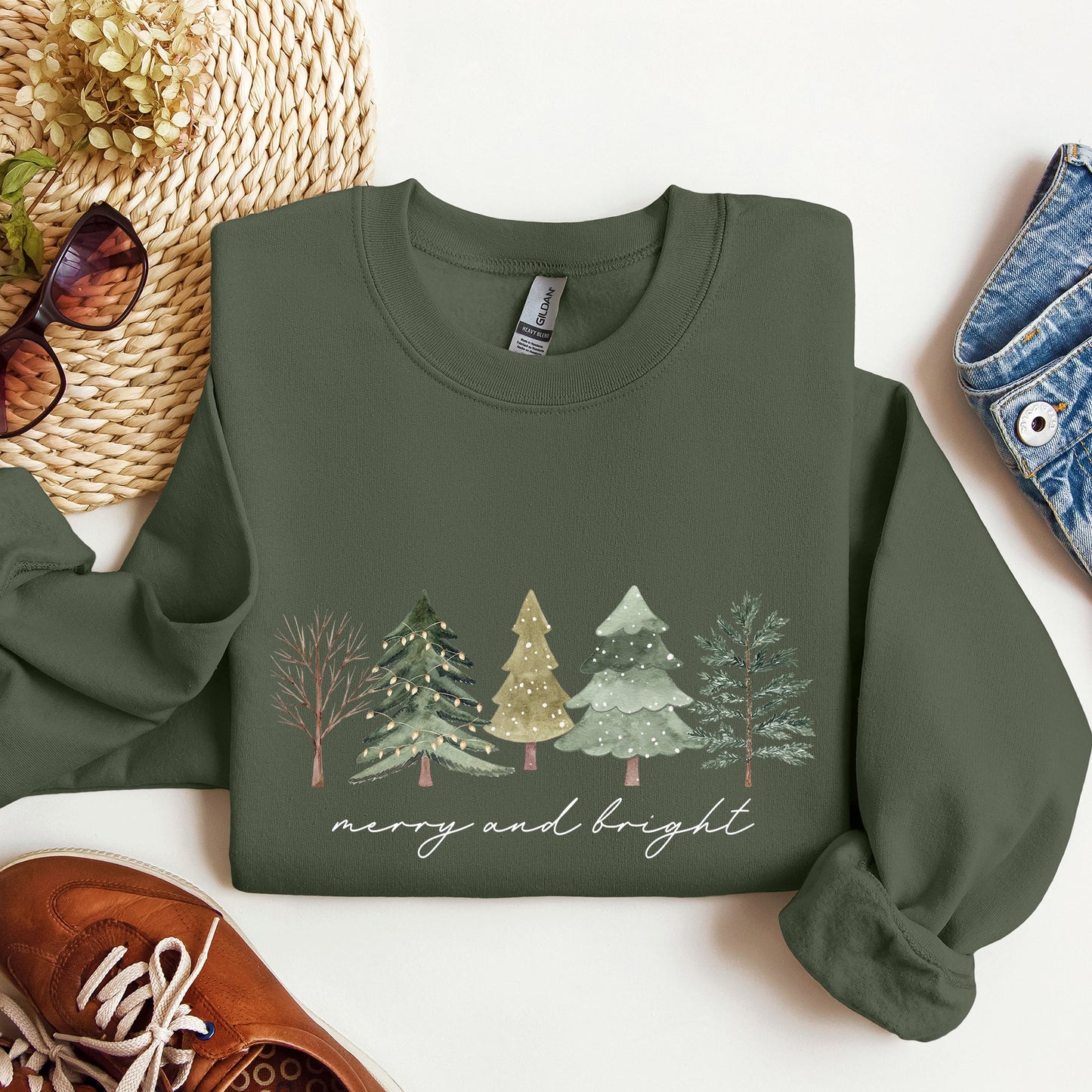 Merry And Bright, Watercolor Trees, Christmas Sweatshirt