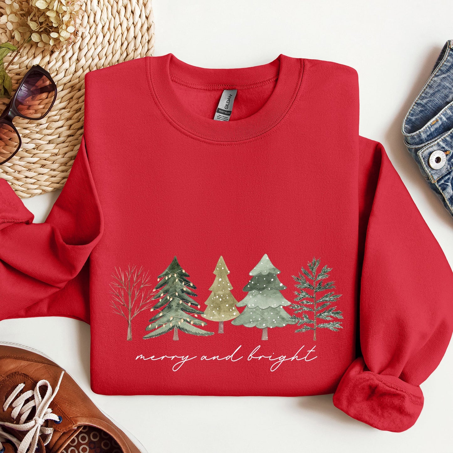 Merry And Bright, Watercolor Trees, Christmas Sweatshirt