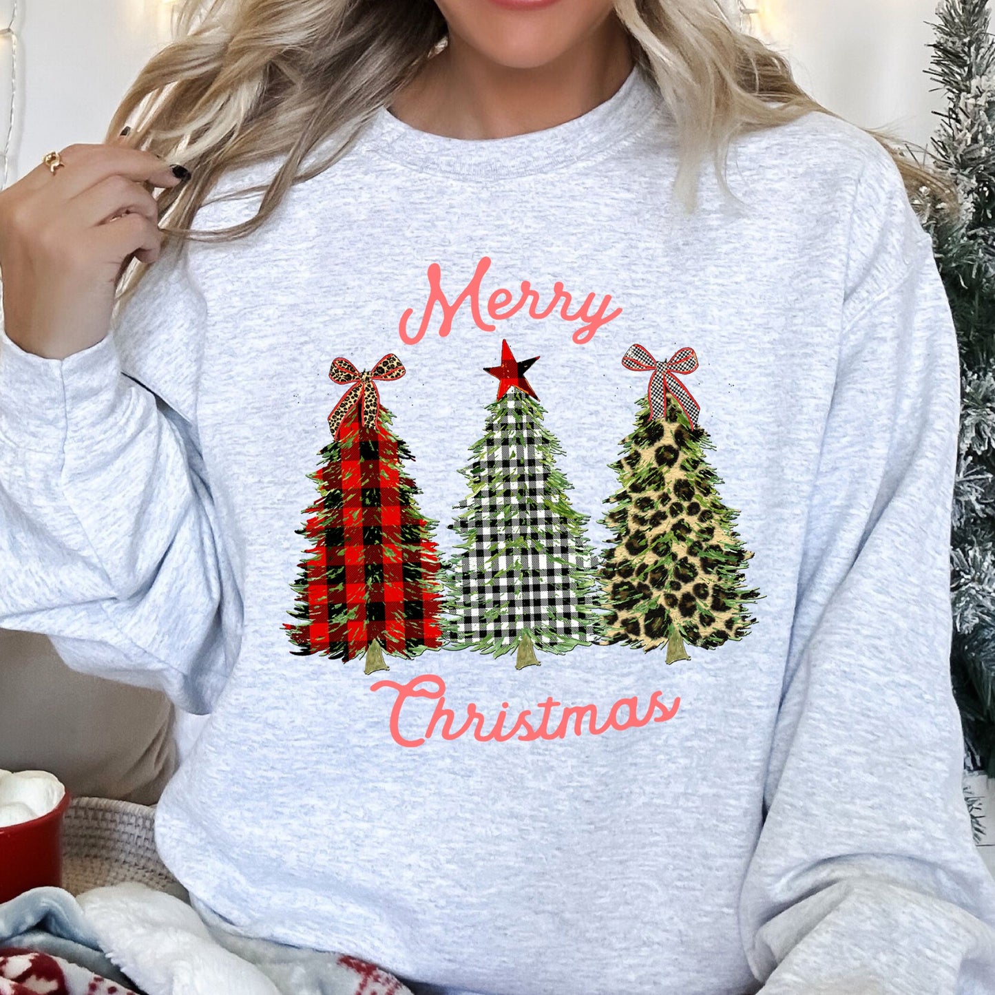 Merry Christmas, Leopard Print and Plaid Trees Sweatshirt