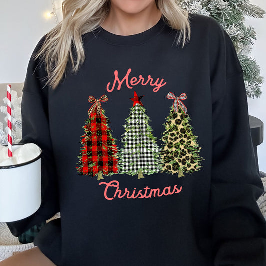 Merry Christmas, Leopard Print and Plaid Trees Sweatshirt