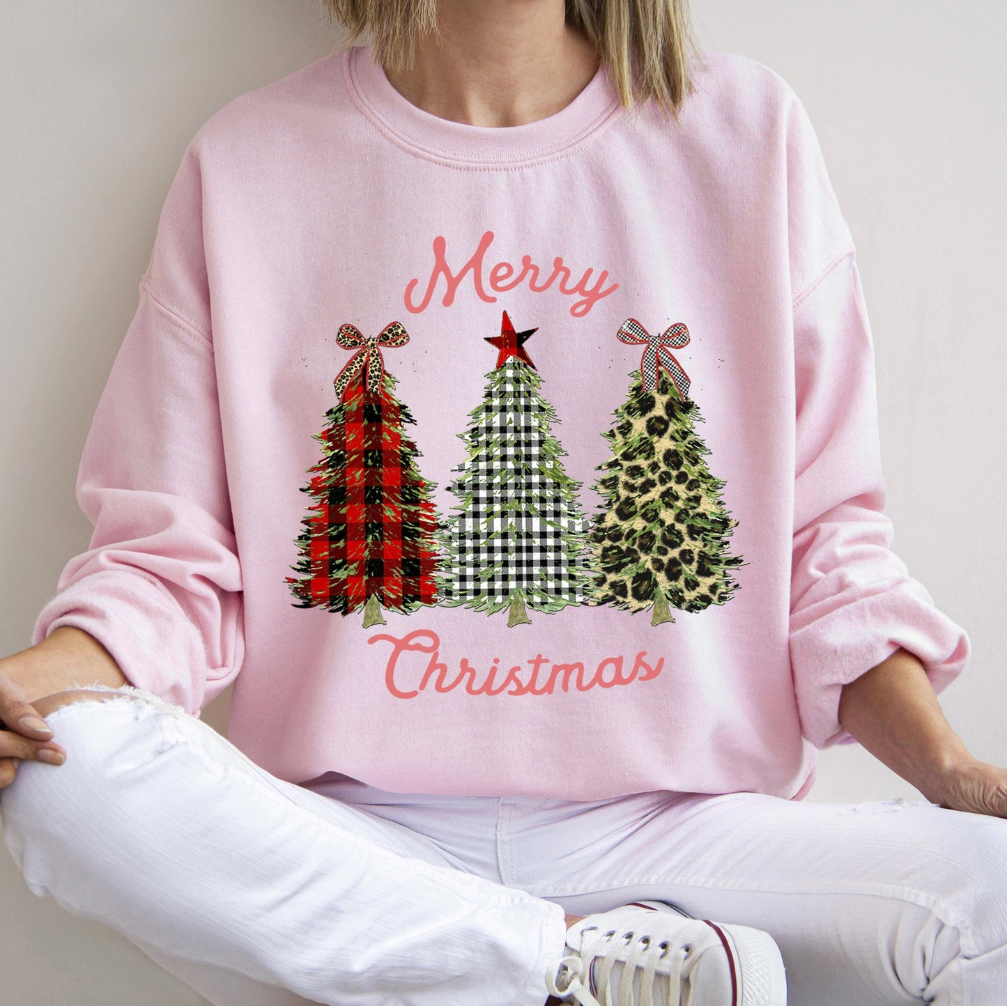 Merry Christmas, Leopard Print and Plaid Trees Sweatshirt