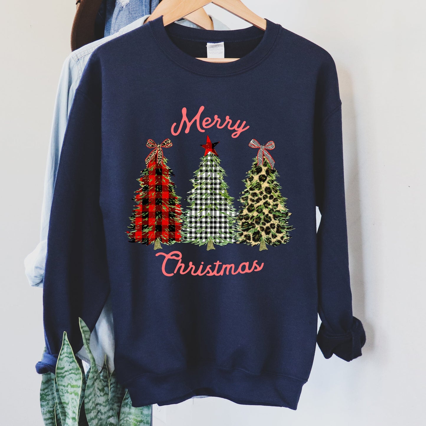 Merry Christmas, Leopard Print and Plaid Trees Sweatshirt