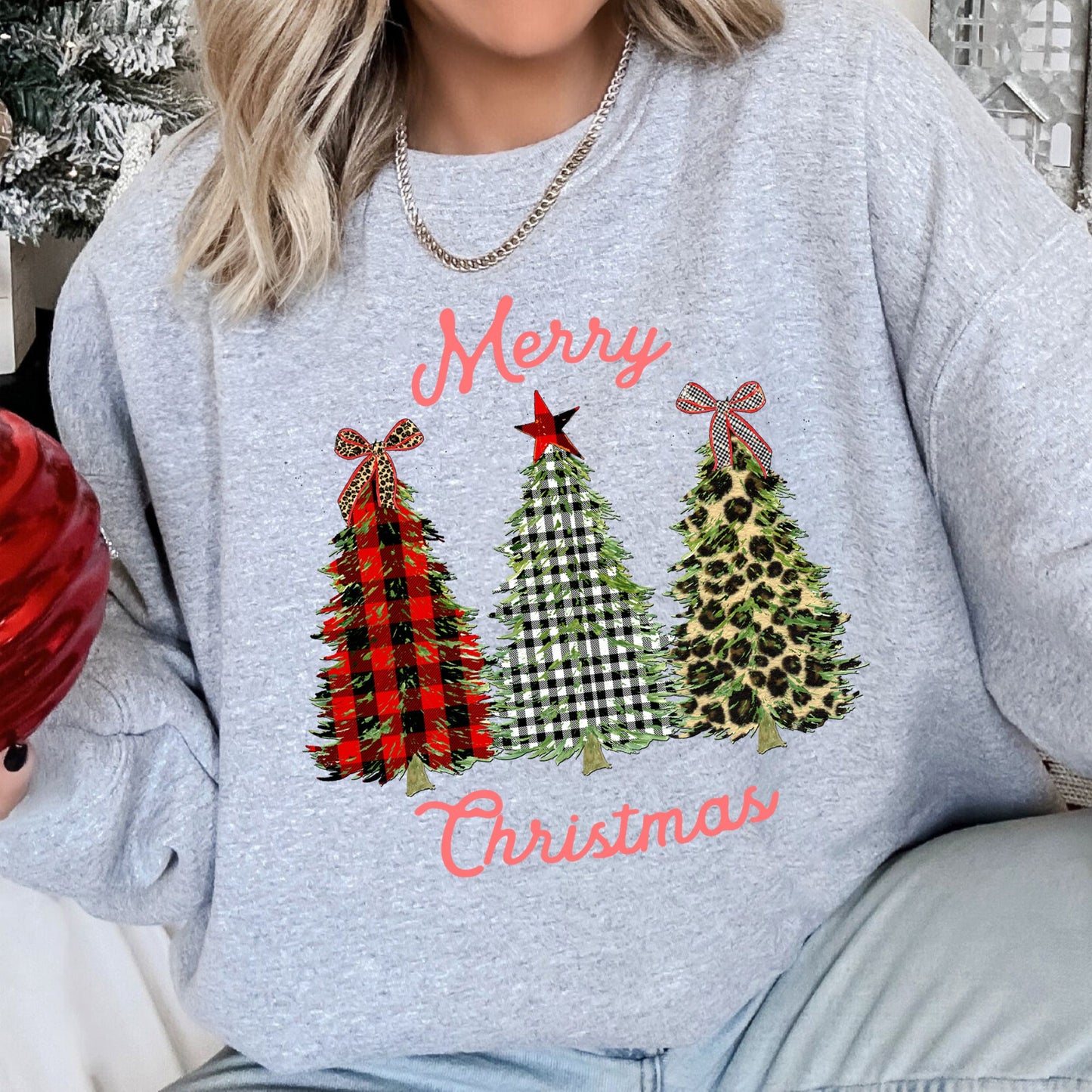 Merry Christmas, Leopard Print and Plaid Trees Sweatshirt
