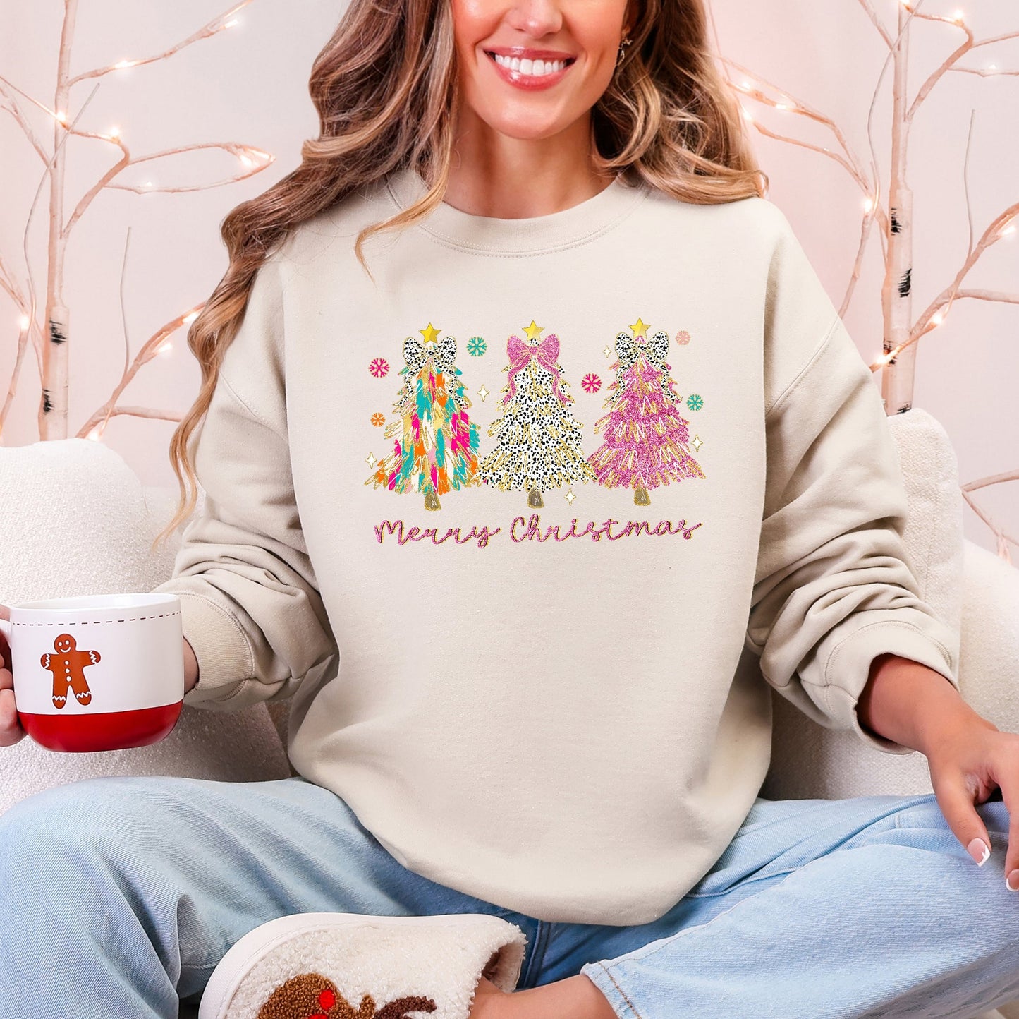 Merry Christmas, Pastel Christmas Trees, Santa, Colorful, Painting, Colorful Sweatshirt