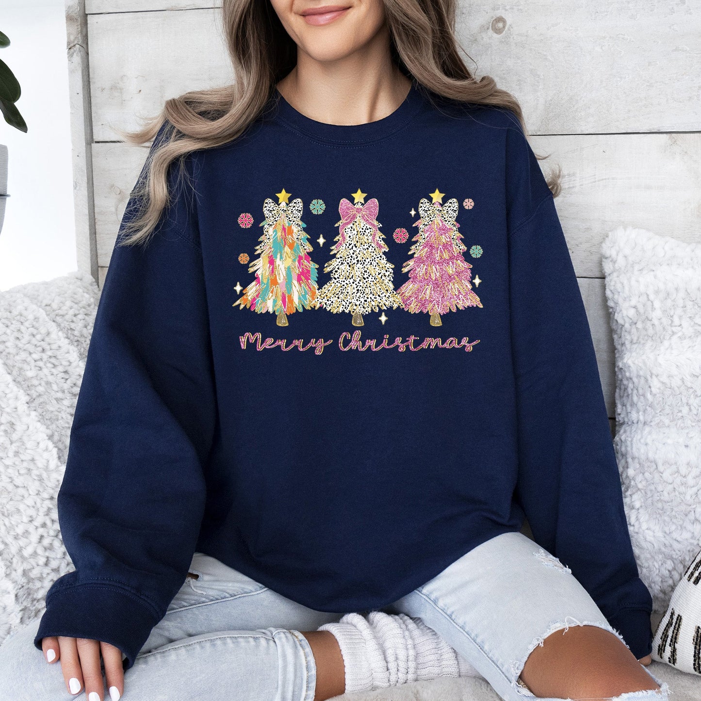 Merry Christmas, Pastel Christmas Trees, Santa, Colorful, Painting, Colorful Sweatshirt