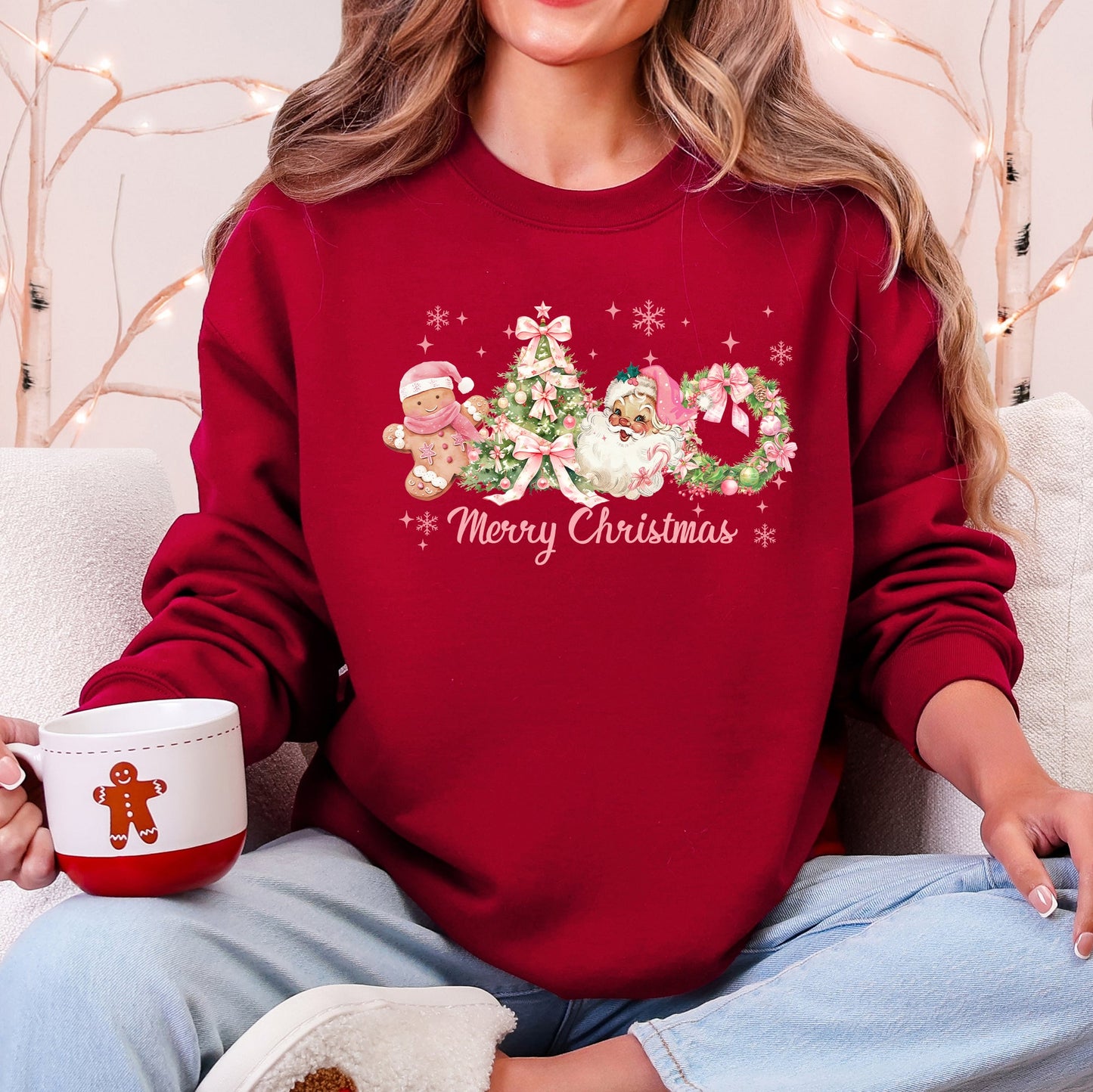 Merry Christmas, Pink Santa, Gingerbread Man, Snowflakes Sweatshirt