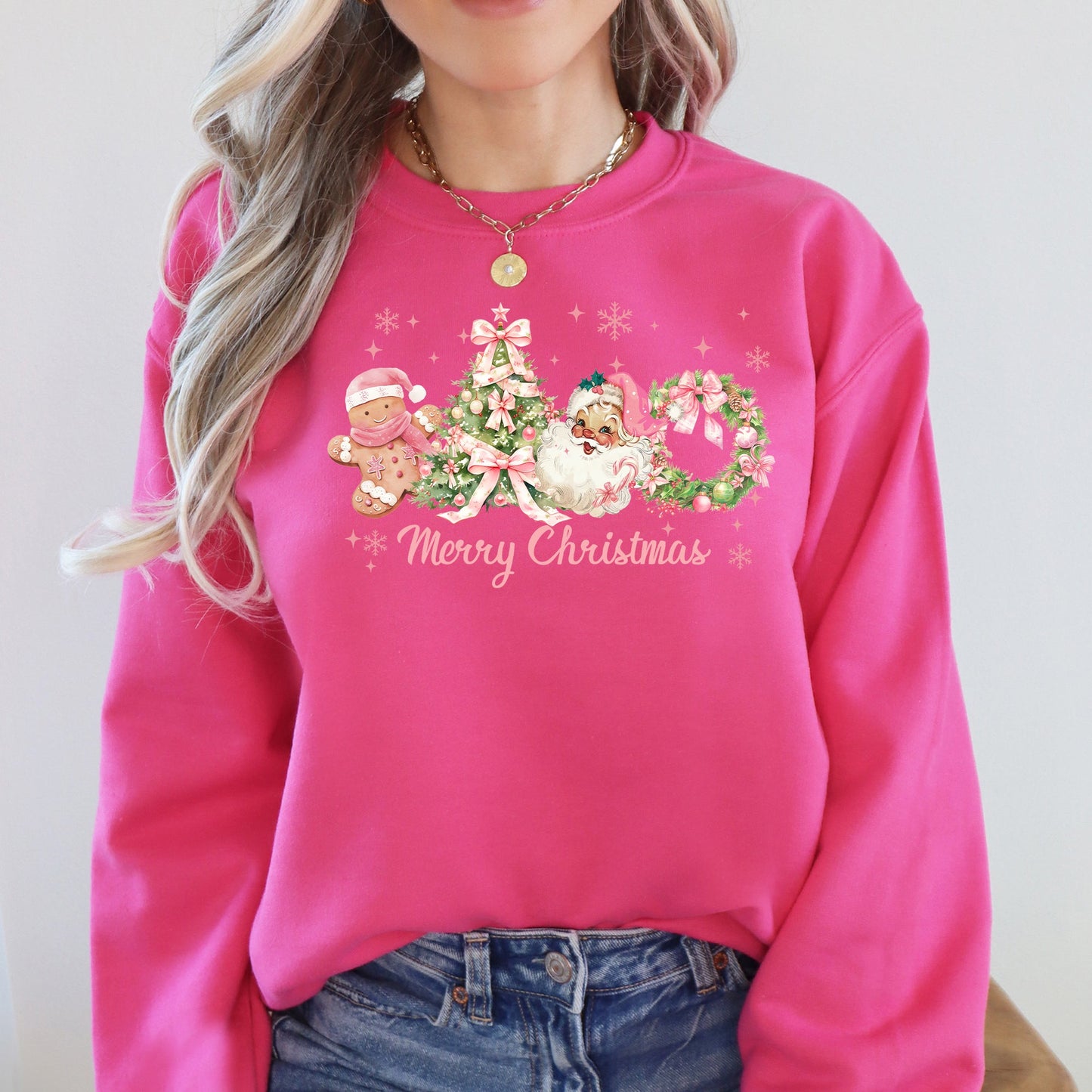 Merry Christmas, Pink Santa, Gingerbread Man, Snowflakes Sweatshirt