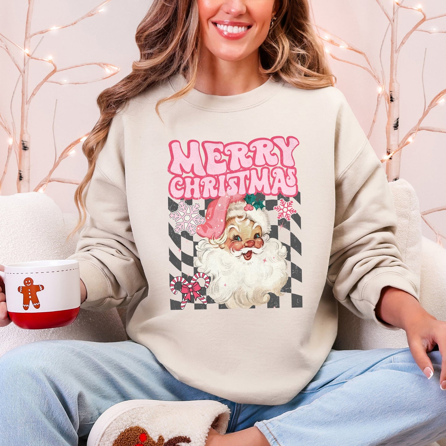 Merry Christmas, Retro Santa, Checkered, Vintage Sweatshirt