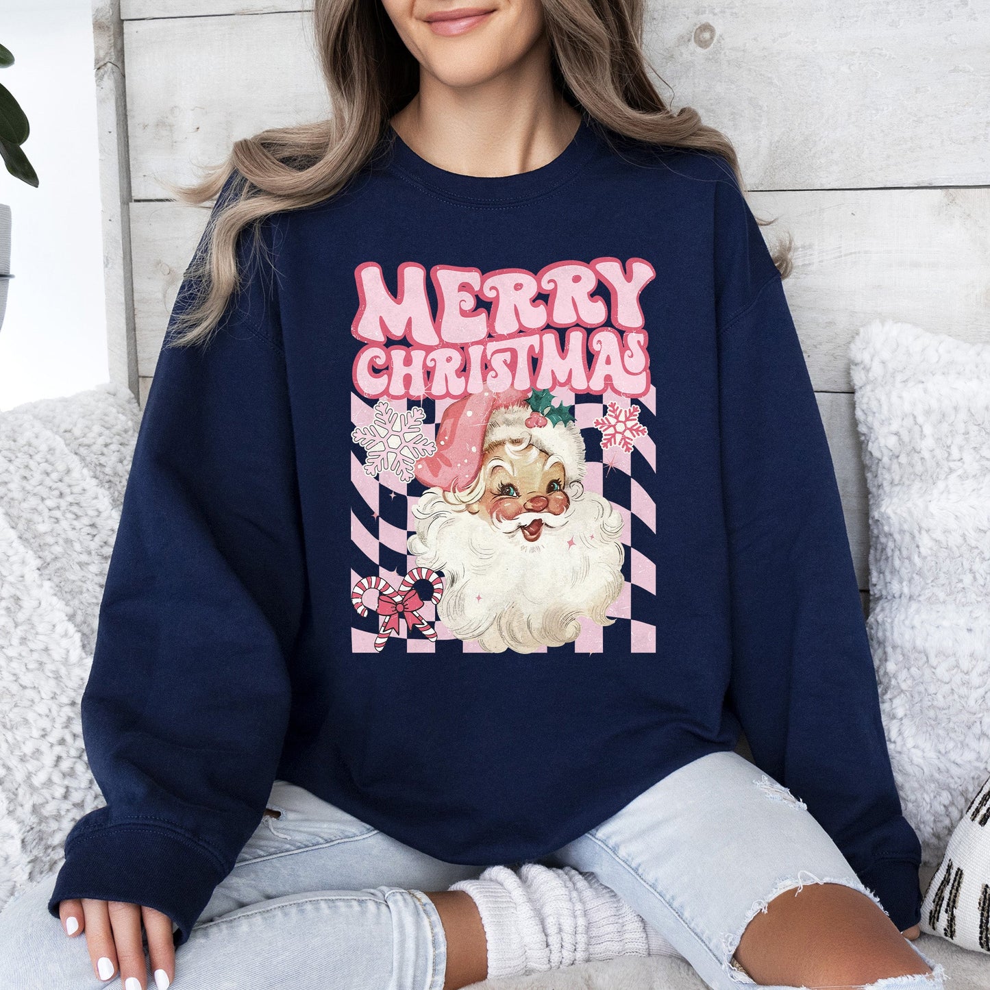 Merry Christmas, Retro Santa, Checkered, Vintage Sweatshirt