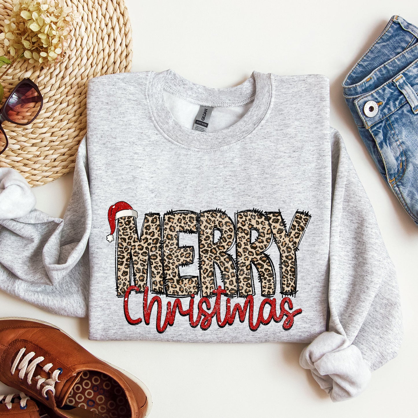 Merry Christmas, Retro, Leopard Print Sweatshirt