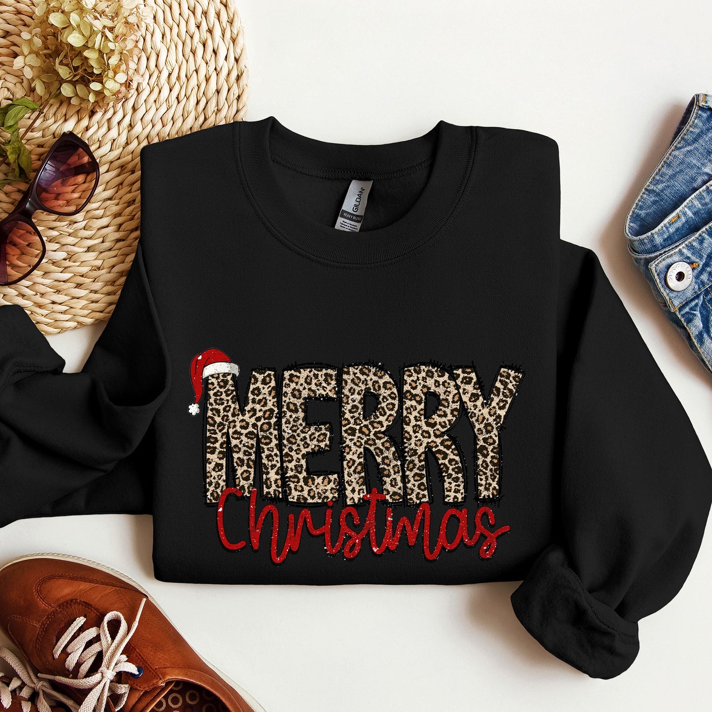 Merry Christmas, Retro, Leopard Print Sweatshirt